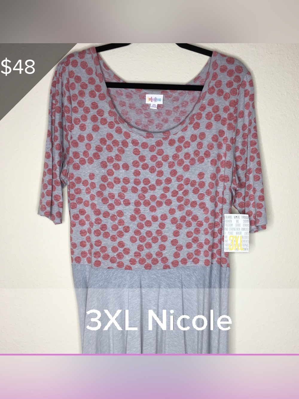 LuLaRoe Nicole Gray Dress with Rose Pink Dot Print 3XL